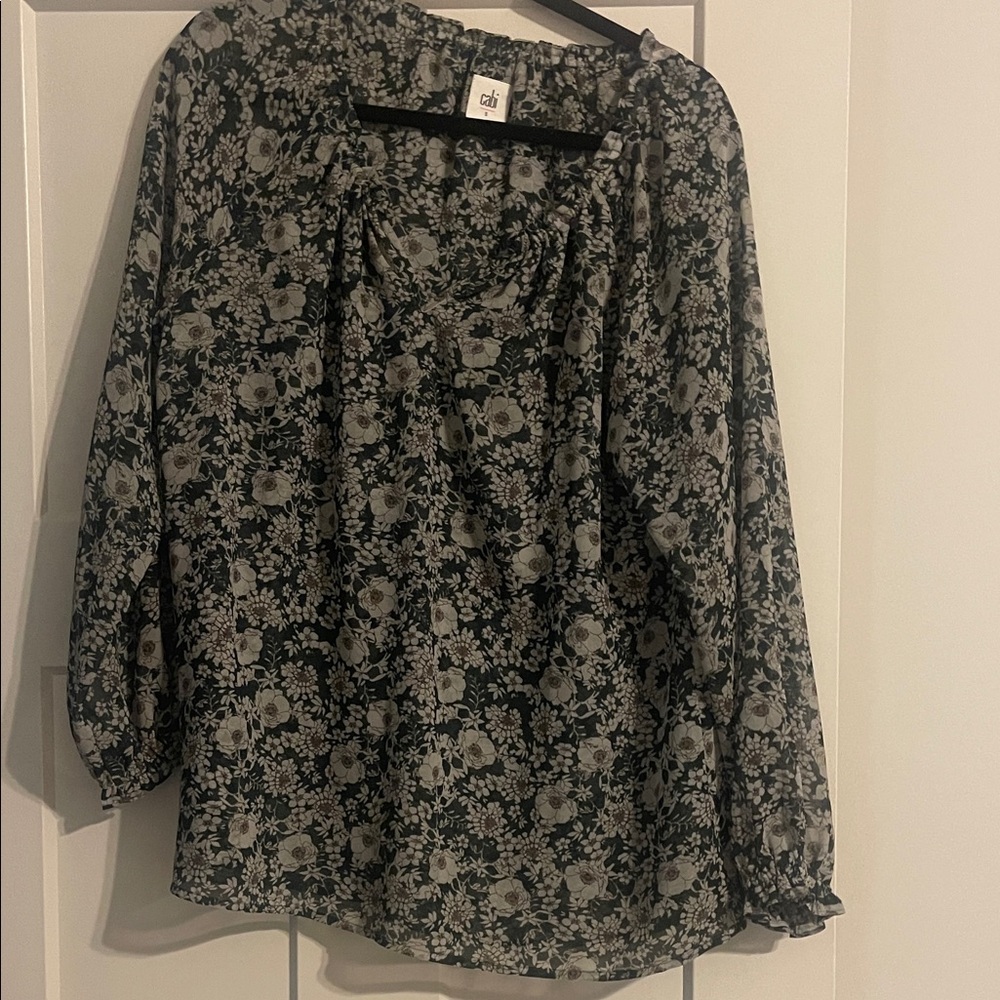CAbi Black and Cream Floral Peasant Blouse